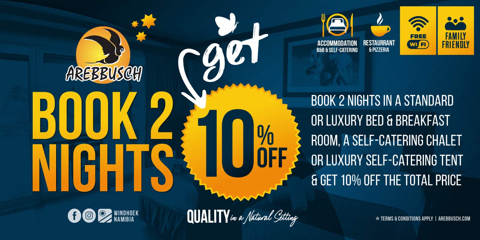 Book 2 Nights & Get 10% Discount | Arebbusch Travel Lodge | Overnight B&B and Self-Catering Accommodation in Windhoek, Namibia